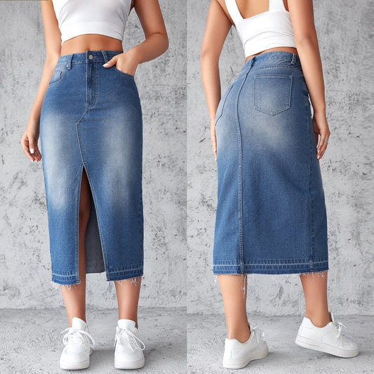 ミディ丈 フェードウォッシュ デニムタイトスカート