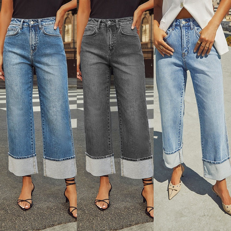 ストレッチデニムパンツ、ハイウエスト&ロールアップ
