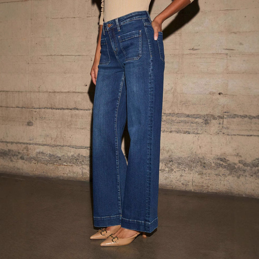 ハイウエストデニムパンツ、ワイドシルエット