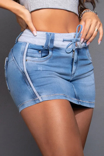 Color-blocked drawstring denim skirt 