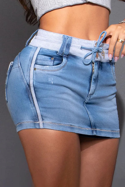 Color-blocked drawstring denim skirt 