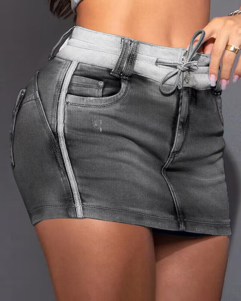 Color-blocked drawstring denim skirt 