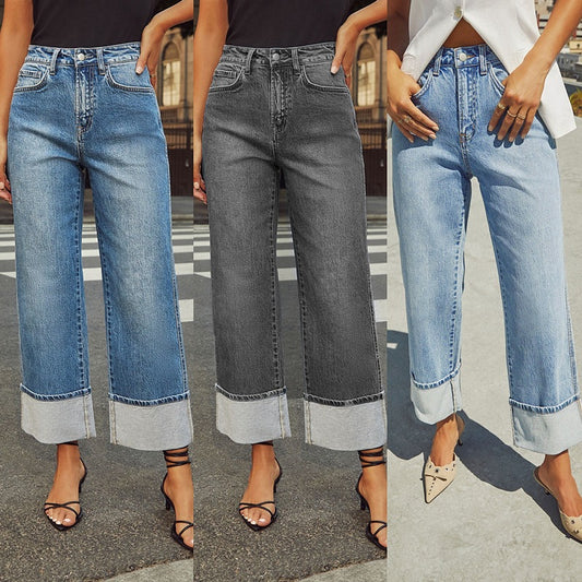 ストレッチデニムパンツ、ハイウエスト＆ロールアップ