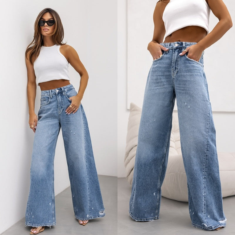 American vintage distressed denim pants, wide silhouette