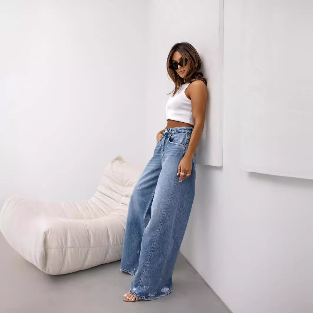 American vintage distressed denim pants, wide silhouette