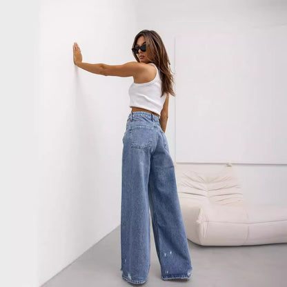 American vintage distressed denim pants, wide silhouette