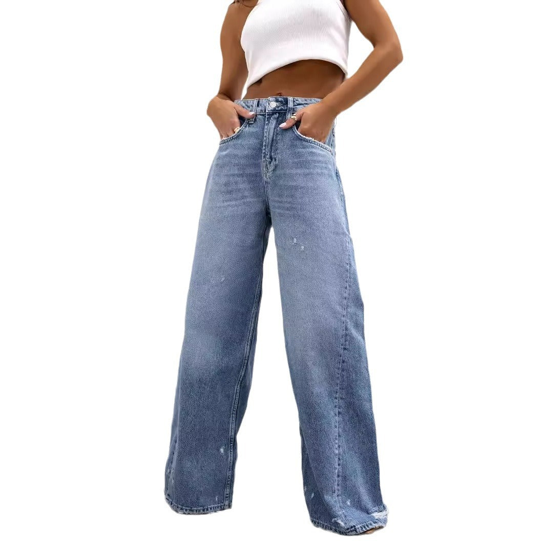 American vintage distressed denim pants, wide silhouette